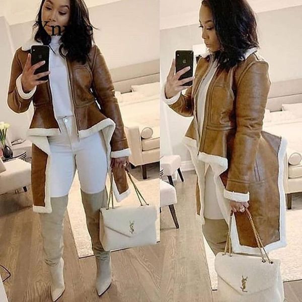 Couro Feminino Faux Brown Irregular Fleece Casacos Pu Turtleneck Zipper Midi Longo Casaco de Inverno Grosso Feminino Plus Size Wool Jacket