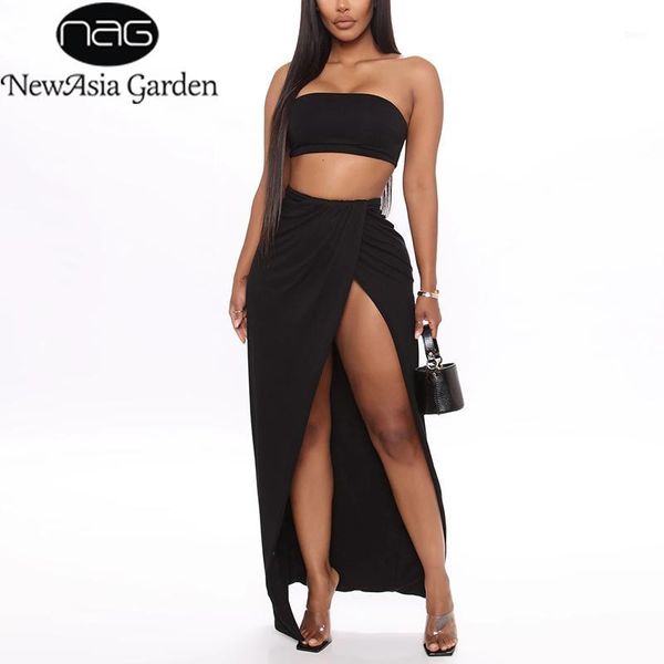 

newasia party two piece set women off shoulder tube side split long skirts 2 piece set summer black crop outfits1, Gray