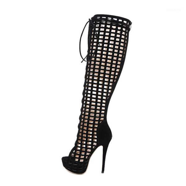 

boots summer women fashion party shoes stilettos heels lace up consice height back zipper knee high cool 35-421, Black
