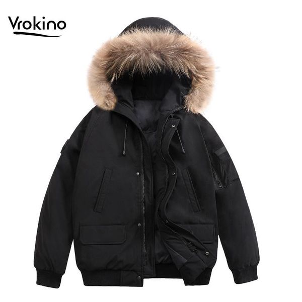 

men's down & parkas 2021 winter warm detachable fur collar jacket fashion male short white duck plus size, Black