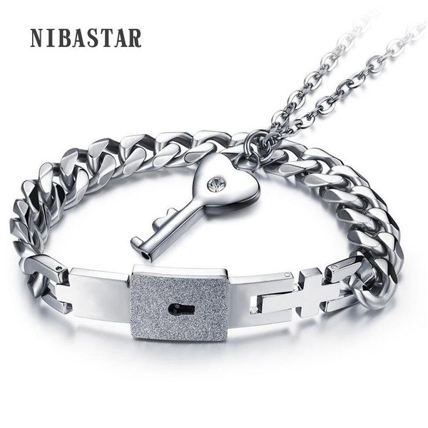 

1 set couple stainless steel bangle bracelet and key pendant necklace sets with cz crystal fashionable jewelry good lovers gifts, Silver