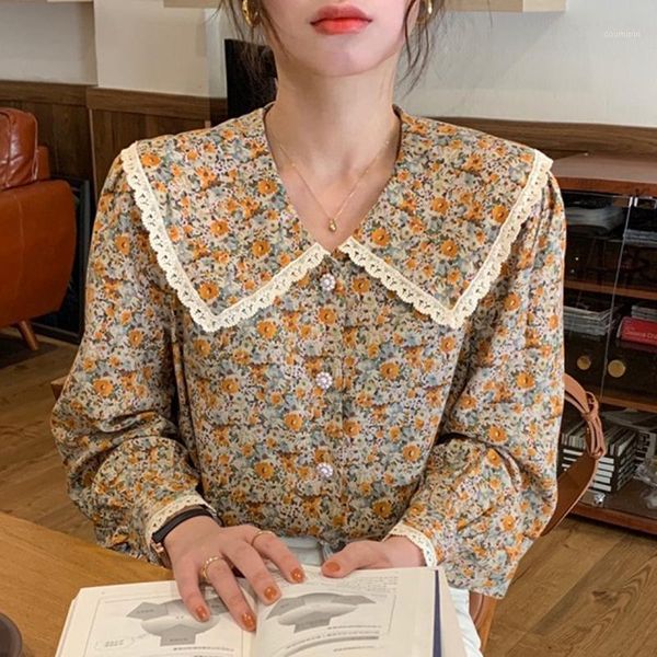 

ly varey lin new spring women elegant sweet single breasted shirts long sleeves turn-down collar floral 1, White