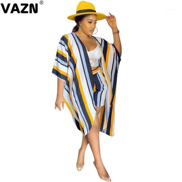 

vazn 2020 new summer boho full sleeve striped print short pant 2pcs set casual beach clothing ladies women sets1, White