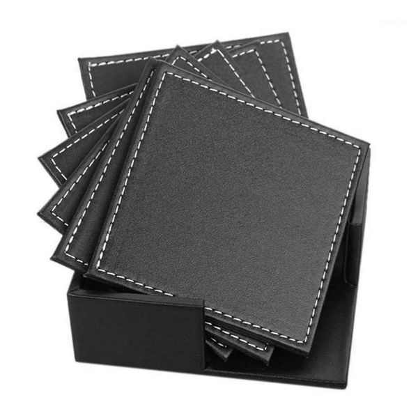 

leather coasters set with holder,simple classic coasters for drinks, protect furniture from water marks scratch and damage(squar1