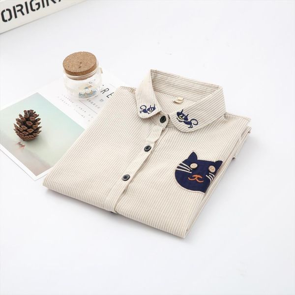 

2020 autumn women shirts blouses embroidery cat long sleeve shirt striped camisas femininas fashion office work wear ladies, White