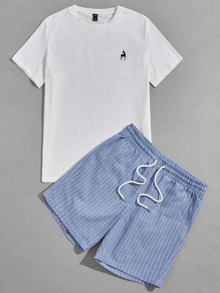 

men deer print & striped shorts set m559#, Gray