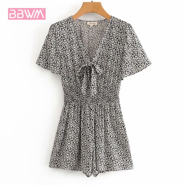 

v-neck floral short-sleeved waist harajuku sweet women's jumpsuit summer beach leisure and idyllic fresh chic female jumpsuit t200704, Black;white