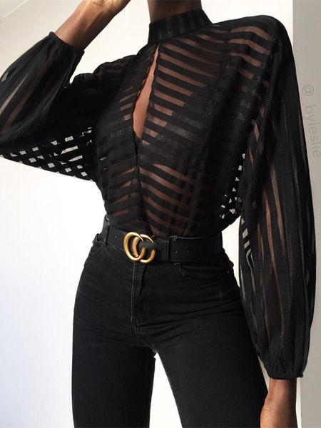 

women elegant basic black casual shirt female stylish ol work stripes keyhole front mesh blouse y200103, White