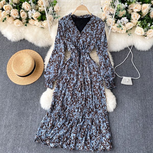 

2021 new singiny feminine boho floral retro neck puff ruffled line dressed autumn printing holiday dress etsg, Black;gray