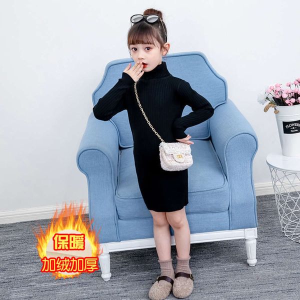 

new girls' 2019 korean version long sweater high collar buttock knitted thickened plush children's medium length undercoat, Blue