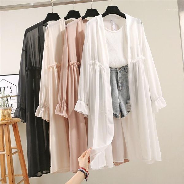 

women 2020 summer chiffon cardigan ruffle cardigan female long sleeve blouse blusas mujer de moda casual shirts new g2621, Black;brown