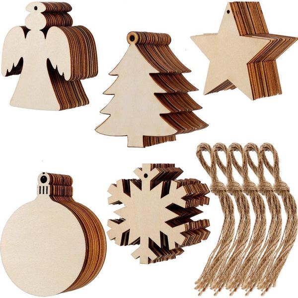 

natural 10pcs wooden tree shape cutouts crafts wood hanging ornaments with twines for christmas home
