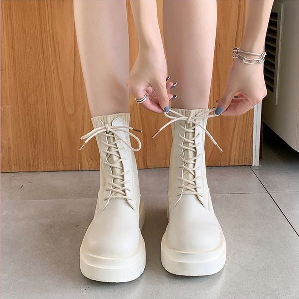 

women platform ankle boots woman lace up low heels women's knit pumps ladies leather 2020 autumn shoes female fashion footwear, Black