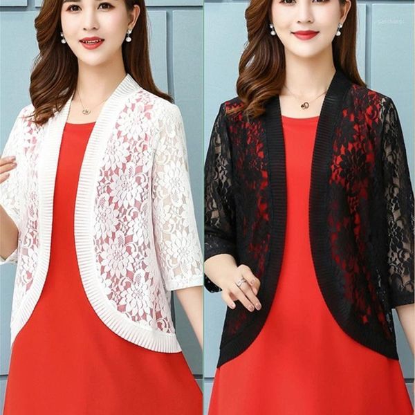 

r new women lace blouses crop summer lace floral slim thin shirt ladies plus size sun protection clothing1, Black;brown