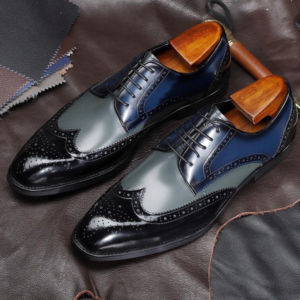 

stylish mixed colors man handmade carved party wedding shoes genuine leather men's square toe laces wingtip brogue flats dx196, Black