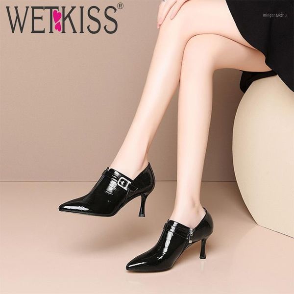 

dress shoes wetkis stiletto high heels pumps women pointed toe patent leather ladies zip crystal big size1, Black