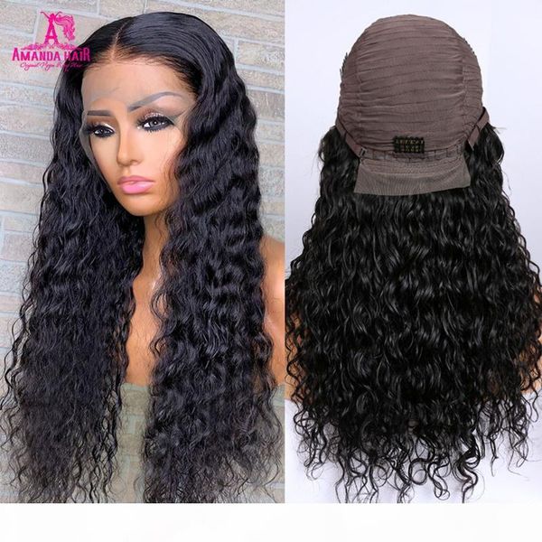

amanda 13x1 water wave lace wig preplucked brazilian human hair wigs 150% desnity 4x4 lace closure wig 30inch part, Black;brown