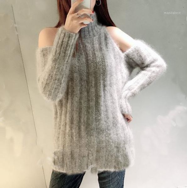 

2020 autumn and winter new half high neck strapless mohair wool sweater sweater women1, White;black