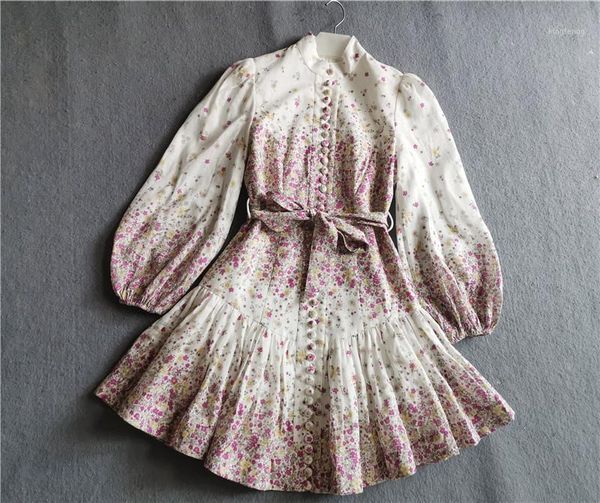 

2020 new vintage holiday style linen printed stand collar puff sleeve waist slimming dress1, Black;gray
