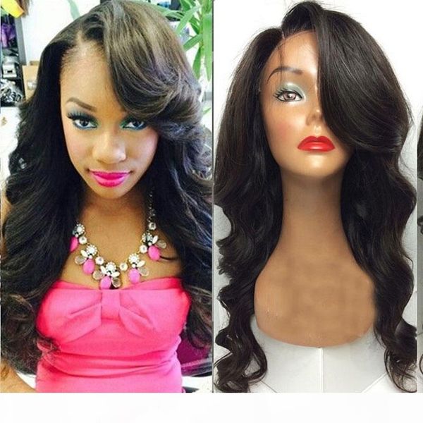 

side bangs full lace wigs for black women glueless lace front body wavy human hair wigs medium brown, Black;brown