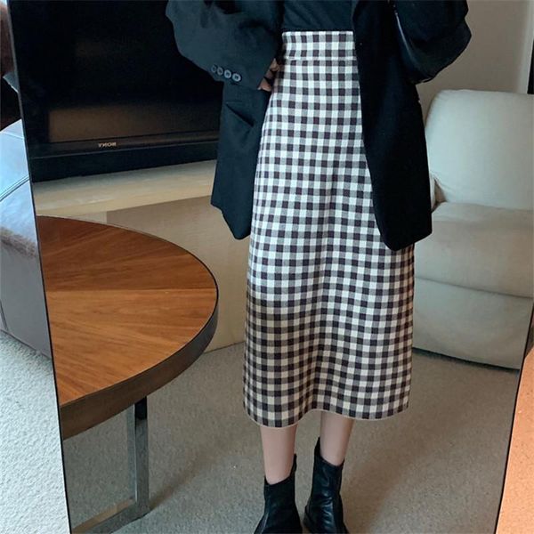 

New Autumn And Winter Daily All-Match Thick Woolen Knitted Bust Plaid Skirt Female Loose Large Size High Waist A-Line Mid-Length, Black