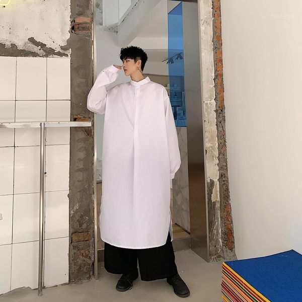

japan style long sleeve dress shirt male stand collar black white streetwear gothic loose casual long shirt man clothing b701, White;black