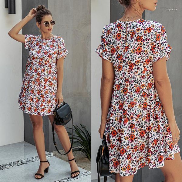 

elegant retro print dot mini dress women 2020 summer o-neck short-sleeved ruffles sleeve dresses office women sundresses11, Black;gray