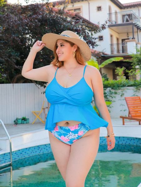 

plus floral print twist front bikini swimsuit n8pb#, Black