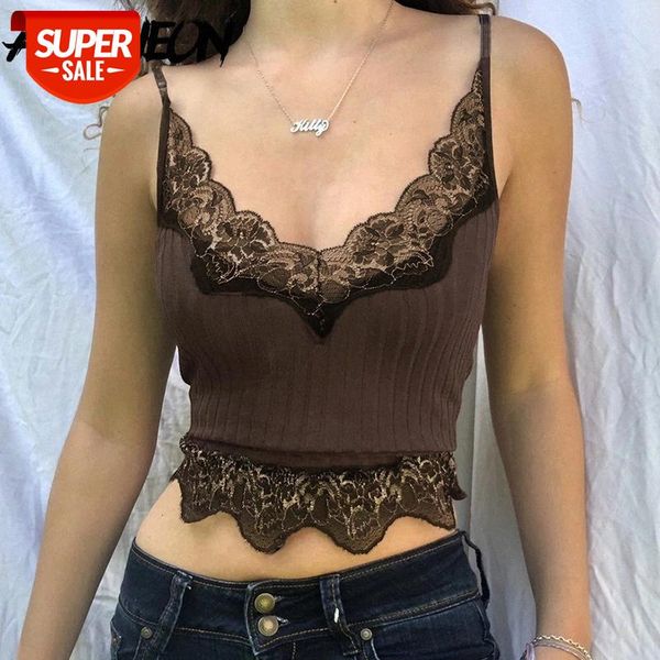 

allneon 90s streetwear lace trim knitted brown cami y2k fashion backless v-neck cami indie vintage spaghetti strap #yj8z, White