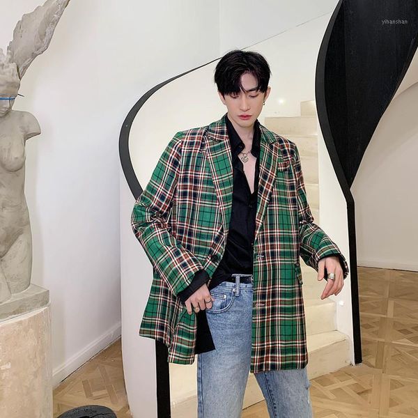 

men vintage green plaid fashion casual suit coat male japan korea streetwear suit blazer jacket outerwear1, White;black