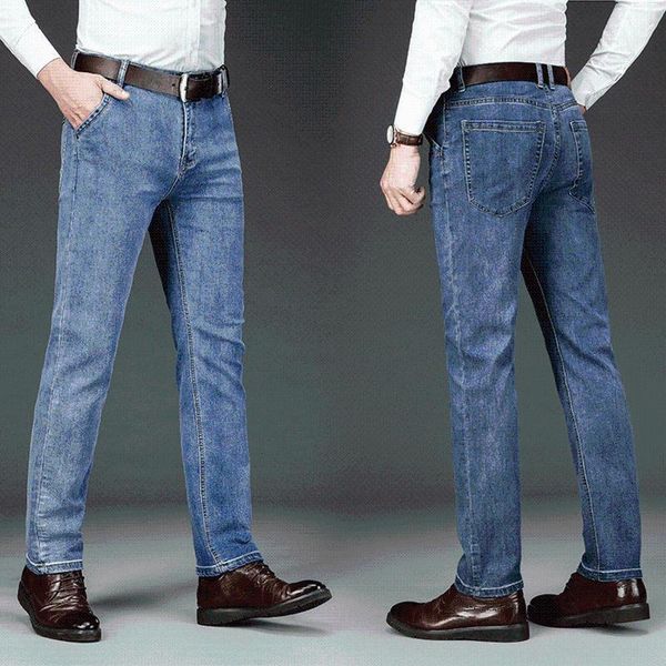 

boutique jeans men's business loose straight tube high waist middle aged elastic casual men's new autumn and winter trousers1, Blue