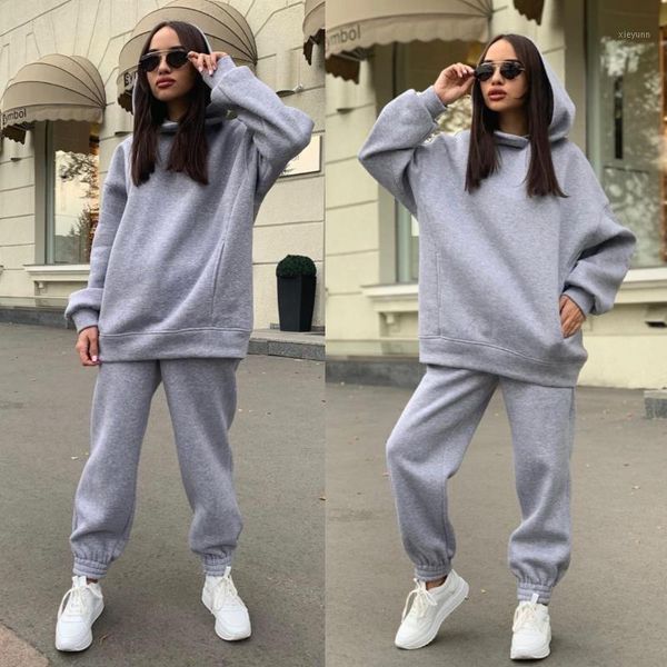 

two piece set casual fleece tracksuit women winter 2021 women's sets oversized hooded long sleeve hoodie sport pants lady suit1, Gray