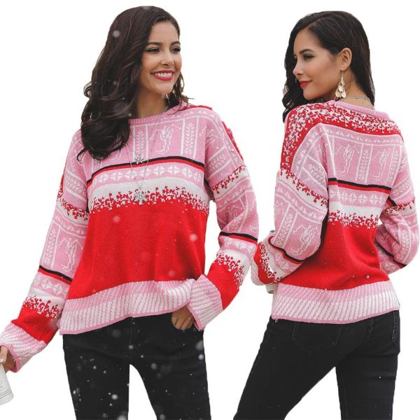 

women's sweaters 2021 autumn and winter retro wild loose pullover sweater contrast color christmas snowflake lazy red women, White;black