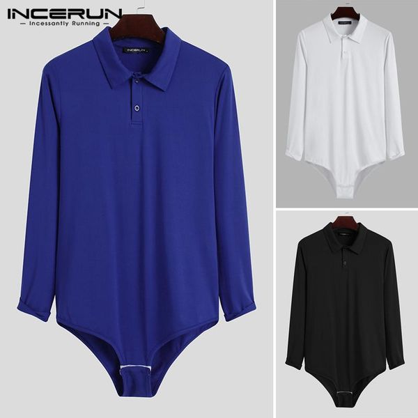 

long sleeve lapel neck romper camisa solid color casual jumpsuit blouse incerun man buttons dress shirts men bodysuit shirts 5xl, White;black