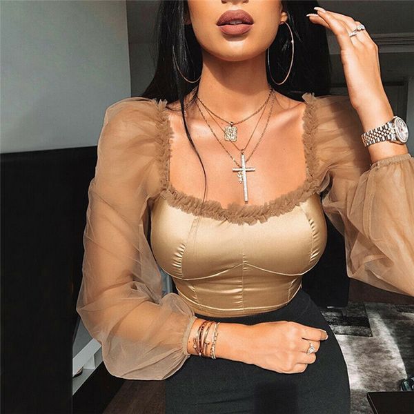 

2019 solid patchwork knitting short shirt blouses women puff sleeve transparent lace mesh blousas
