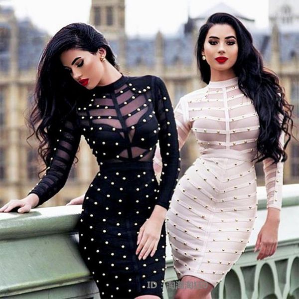 

2020 new winter bandage bodycon dress women celebrity long sleeve knee length beaded night out party vestidos dropshipping1, Black;gray