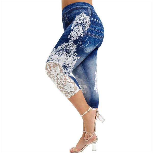 

plus size workout push up legging women lace printing patchwork high waist pocket leggins no transparent female panties legginsy, Black