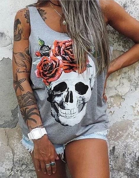

2021 summer women tank punk gothic style rose floral skull print sleeveless tank vest cami female plus size, White