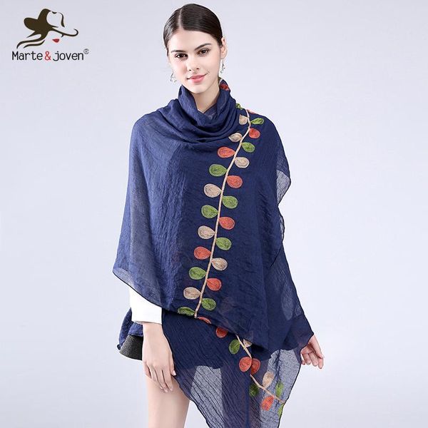 

scarves [marte&joven] color leaf embroidered long and wrap for women fashion design casual cotton blends scarf shawls, Blue;gray