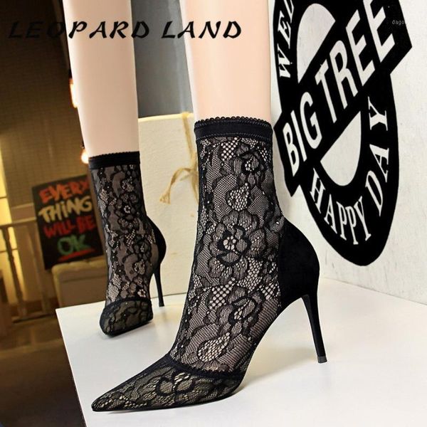 

boots leopard land fashion nightclub slim lace thin heeled pointed high heel suede mesh short ds-6313-81, Black