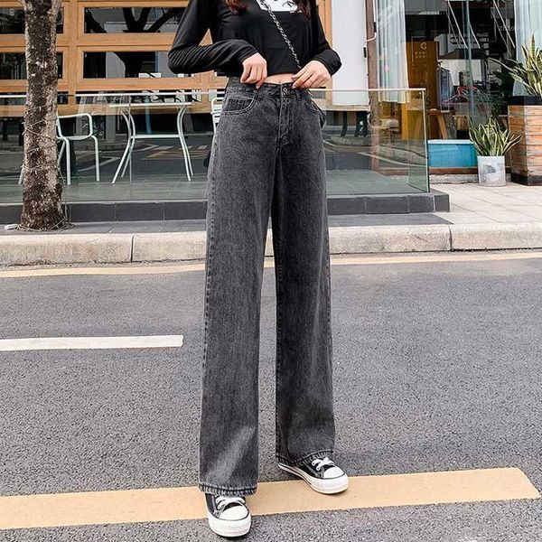 

2020 new gray woman jeans mom retro slouchy high waist jeans for women baggy korean straight leg pants distressed wide leg1, Blue
