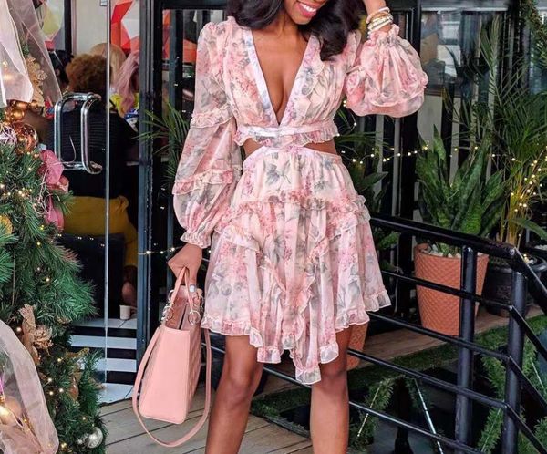 

2020 european and american new summer women's style print pink ruffled long-sleeved chiffon dress, White;black