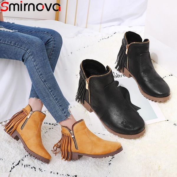 

boots smirnova 2021 autumn winter round toe fringe low heels shoes casual ladies classic square ankle women, Black