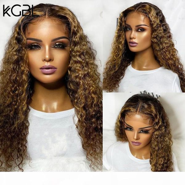 

kgbl highlight colored t-part curly lace front human hair wigs 8-24'' brazilian non-remy wigs with baby hair 180% medium ratio, Black;brown