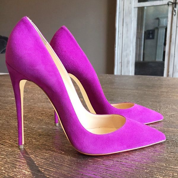 

марка фиолетовый замша кожа туфли на высоких каблуках 12см шпильке заостренный носок невесты свадебная обувь розовый красный синий малая пар, Black
