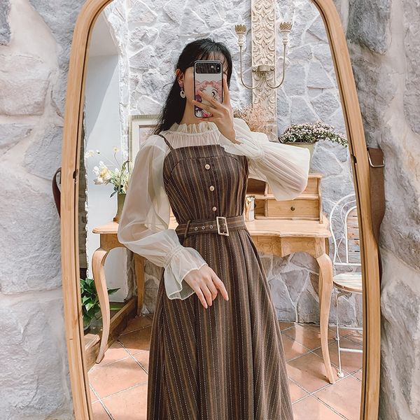 

двухкусочный женщин 2020 осенью новый с длинным рукавом шифон рубашку платье моды костюм suspender юбка подвязка skirtsling строп юбка 9226, Black;gray