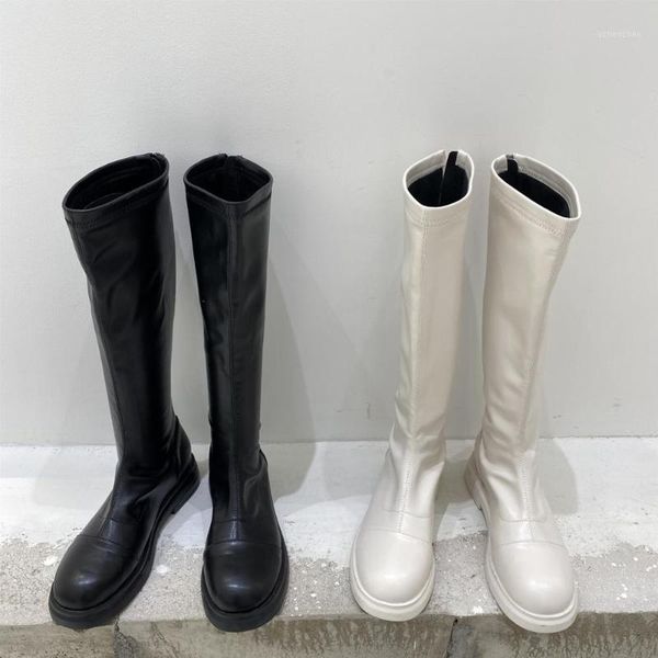 

boots woman flat round toe female shoes thigh high heels low ladies rubber lolita over-the-knee mid calf1, Black