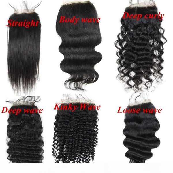 

brazilian human hair full lace closures 4x4inch natural color straight body deep kinky loose curly wave hair extensions, Black;brown