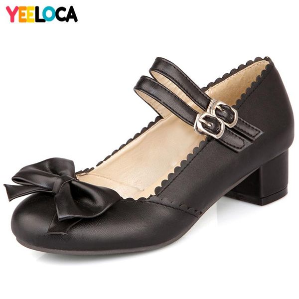 

yeeloca pumps women spring autumn med heels mary janes sweet round toe square heel butterfly knot casual black shoes woman