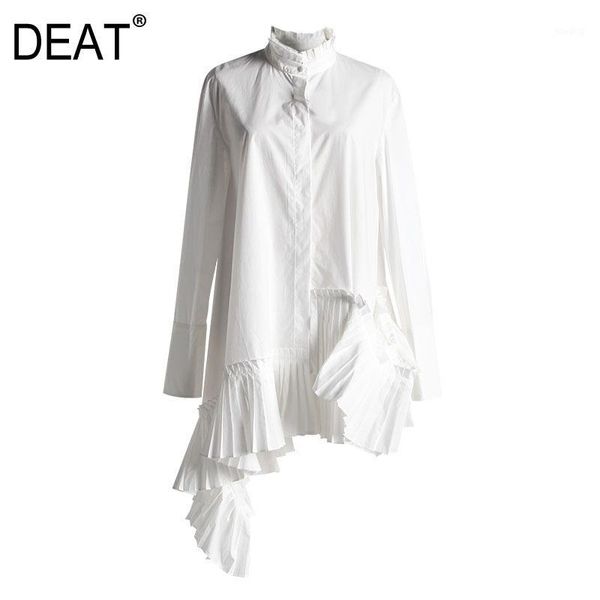 

deat new fahsion women clothes turn-down collar shirt single breasted pleated asymmetrical shirt female long blouse wl694001, White